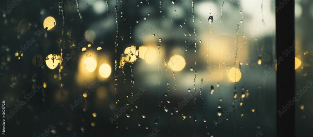 Poster raindrops on window creating a serene mood with blurred city lights in the background during sunset 