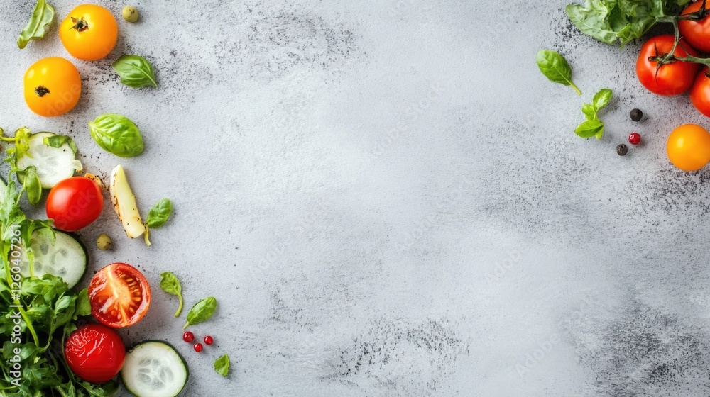 Poster crispy air fryer chicken wings surrounded by fresh vegetables on a textured gray surface with empty 