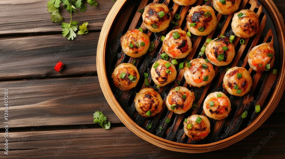 Poster tropical dim sum takoyaki with seafood and green onions in bamboo steamer on wooden table with empty