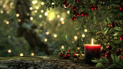 Serene Christmas Scene with Candle Red and Black Ornaments Surrounded by Green Forest Backdrop and Soft Blurry Lights for Text Overlay