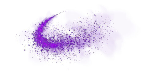 Fantastic purple smoke background. Magic purple smoke with glitter and small particles of twinkling stars. Fog with luminous particles. Purple vapor with stardust. Morning fog over land or water. PNG.