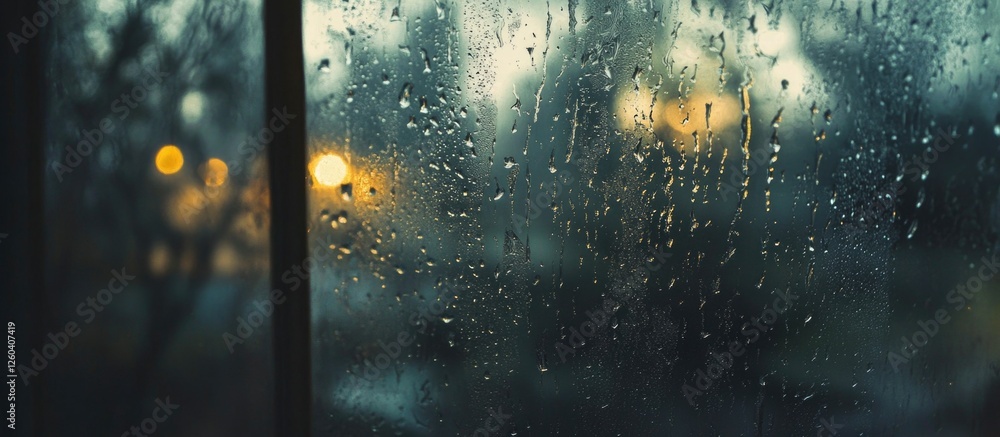 Poster raindrops on window glass with blurred lights creating a dreamy atmospheric background during a rain