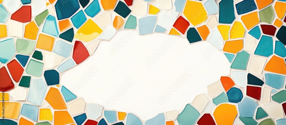 Poster vibrant mosaic design with colorful shapes and a central blank area ideal for text overlay or brandi