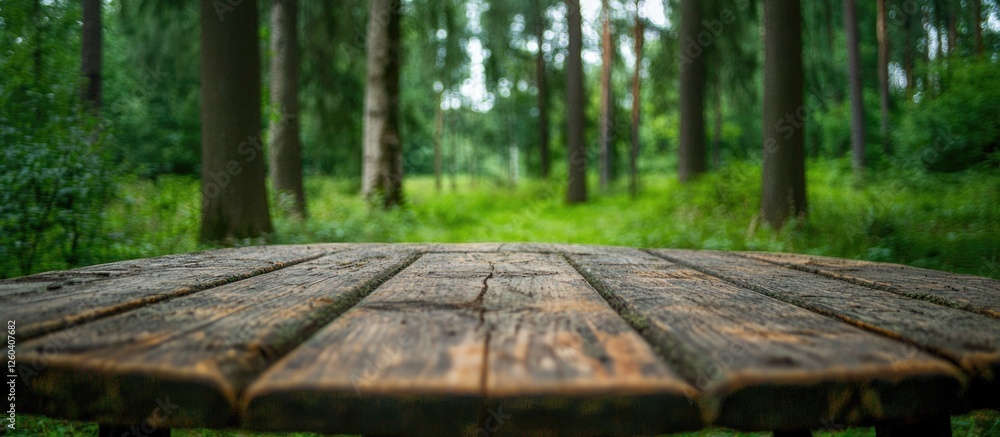 Poster wooden table in a lush green forest with blurred background and ample empty space for text placement