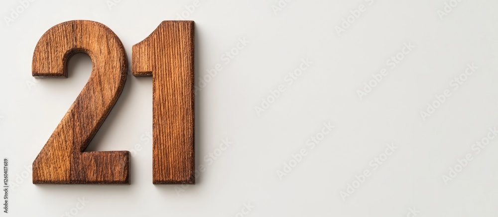 Poster wooden number 21 on white background ideal for custom text showcasing important dates or numeric inf