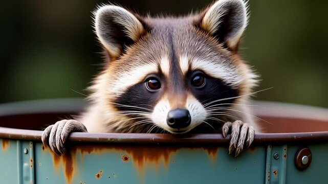 A Cute Raccoon Curiously Peeking Out from a Rusty Container with Its Bright Eyes and Unique Facial Features, Highlighting Nature's Intriguing Creatures