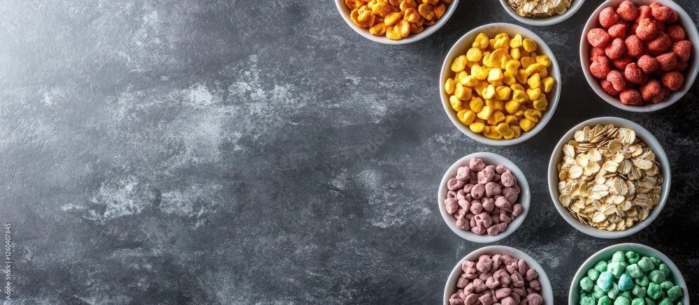 Poster assorted oat flake cereals in ceramic bowls arranged on textured background with empty space for rec