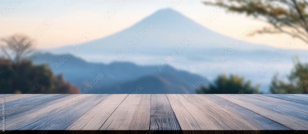 Poster wooden table top with scenic mountain view for product display and space for text overlay