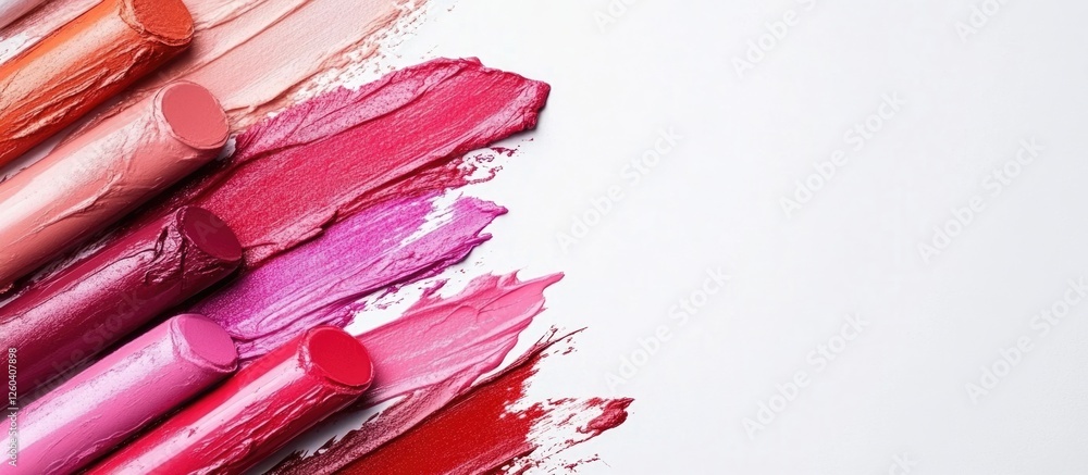Poster colorful array of lipstick and lip gloss swatches on white background with space for creative text o