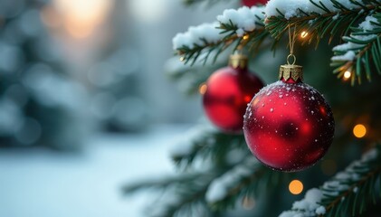 Glossy red Christmas baubles hang from snowy pine, twinkling string lights adding festive charm , background, xmas, string lights