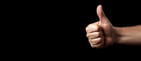 Positive thumbs up gesture against a black background with ample copy space for text or branding.