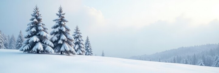 Obraz premium Snow-covered pine trees on white silk background, peaceful, tranquil, serene
