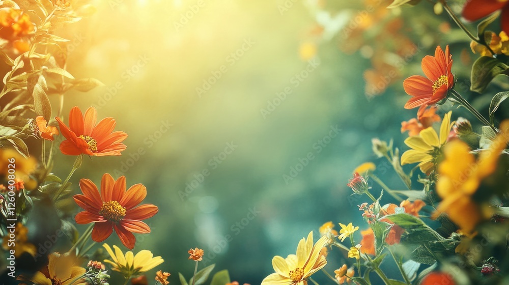 Poster lively summer floral background featuring colorful blooms and a soft light atmosphere perfect for ad