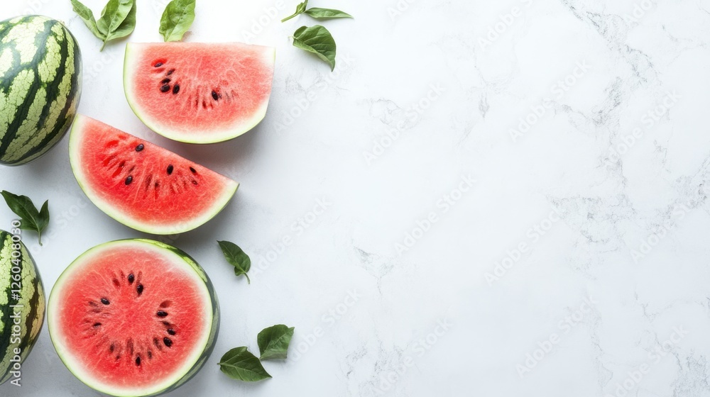 Aufkleber freshly sliced watermelon with seeds arranged on a marble surface with green leaves and ample copy s