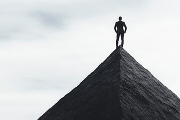 A confident man stands atop a pyramid, symbolizing success, achievement, and overcoming challenges in the business world.