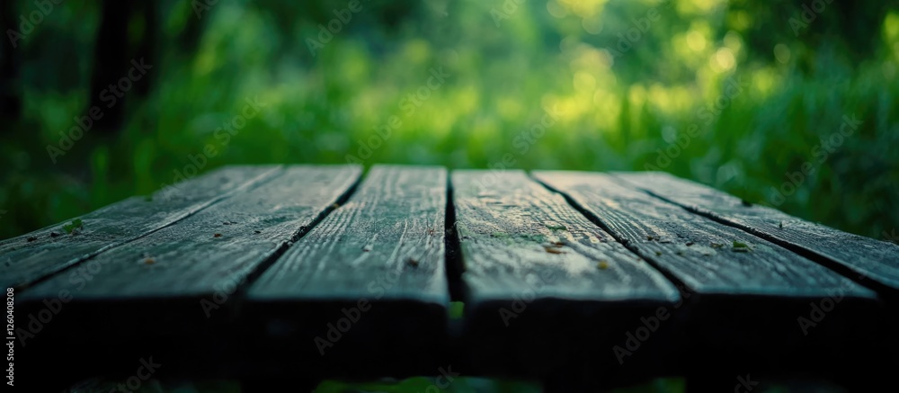 Aufkleber wooden tabletop with blurred green nature background providing empty space for customizable text and