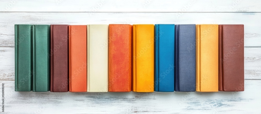 Poster colorful notebooks and exercise books lined up on a white wooden background symbolizing action plann