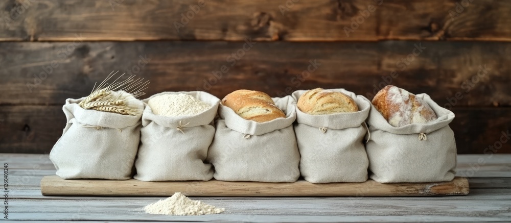 Poster assorted breads and flour in canvas bags displayed on wooden board with rustic background and room f