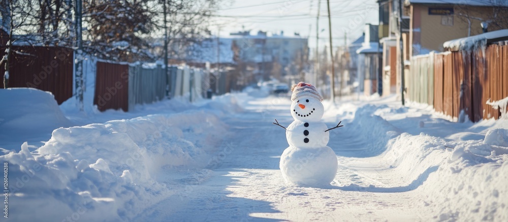Poster charming snowman on a snowy street with empty space for text in a tranquil winter setting