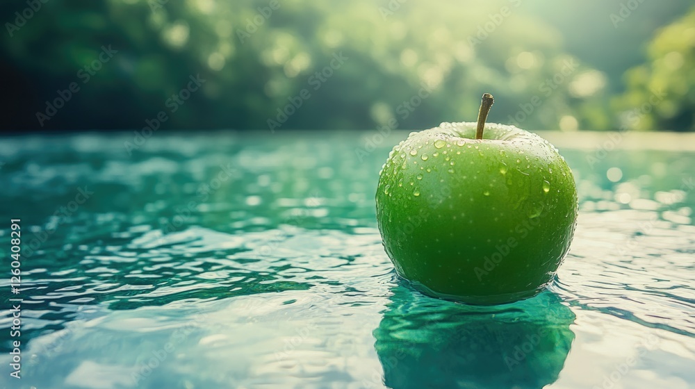 Poster fresh green apple with water droplets on surface floating in tranquil water reflecting soft natural 