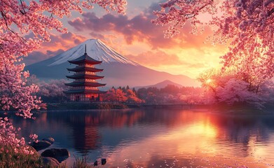 Serene reflection, Fuji, pagoda and cherry blossoms at twilight perfection