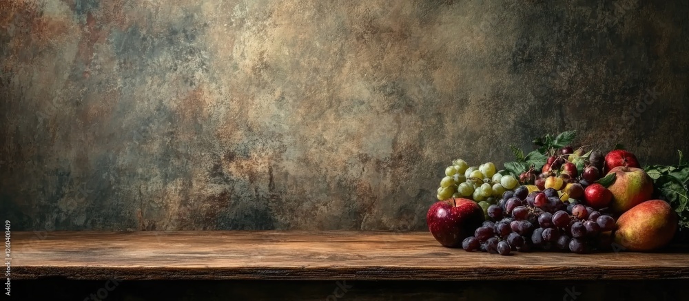Poster wooden table with fresh fruits and vegetables on textured background showcasing ample empty space fo