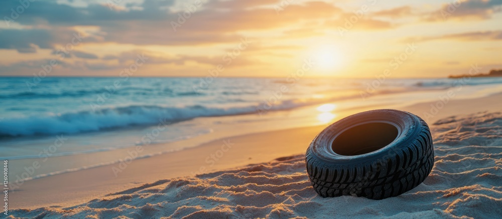 Poster tire resting on sandy beach during vibrant sunset with ocean waves creating a serene atmosphere and 