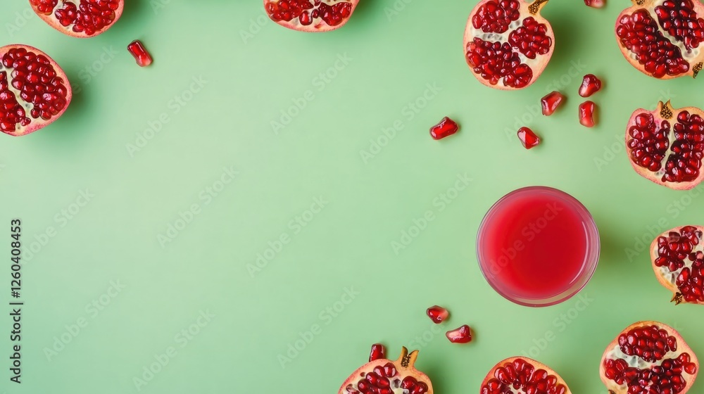 Aufkleber sliced fresh pomegranates with juice on green background providing ample empty space for text and pr