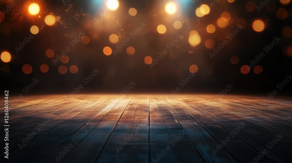 Poster wooden parquet stage with soft blurry lights creating an atmospheric background and open space for c