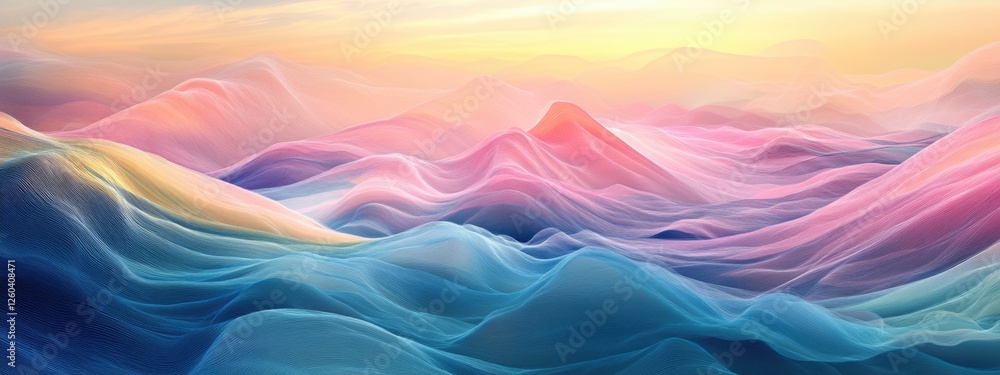 Poster digital waves in vibrant colors flowing through an immersive landscape with ample copy space for tex