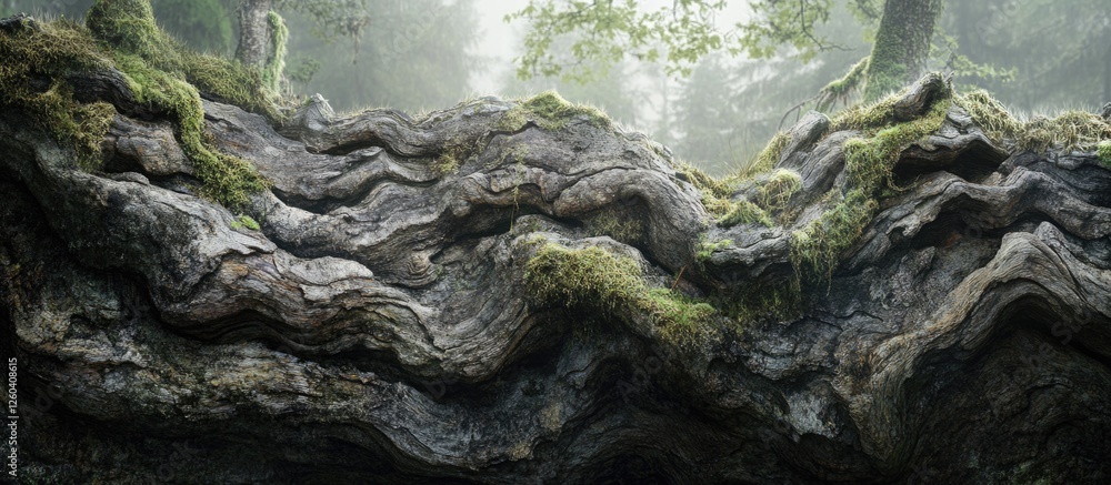 Poster textured bark of an ancient tree surrounded by lush greenery in a mystical forest setting