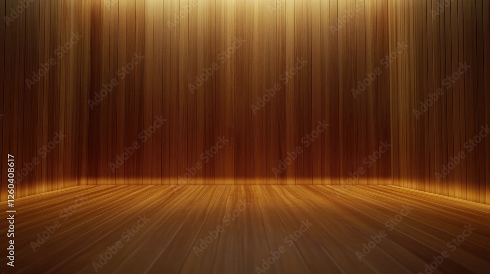Poster wooden room interior scene with perspective empty space for text and stage background in warm tones 
