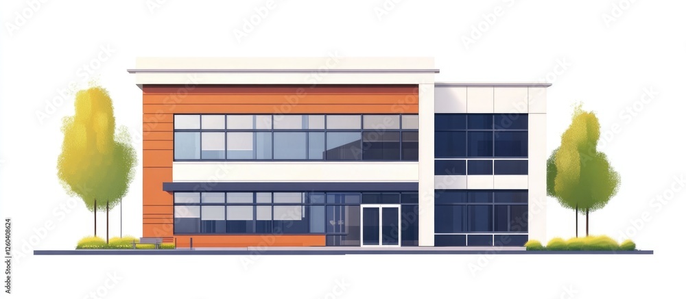 Poster modern two-storey office building illustration with space for text and surrounded by trees on a whit