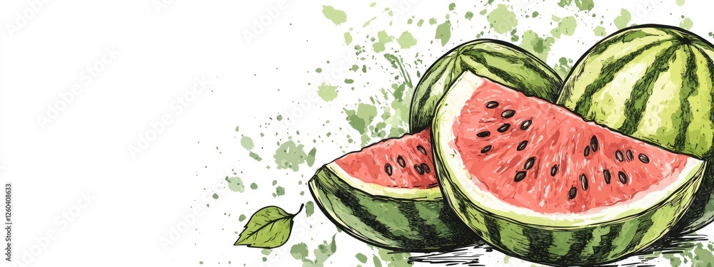 Poster humorous watermelon illustrations with empty space for text showcasing closeup sketches of fruit and