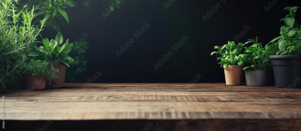 Poster fresh aromatic herbs in pots on rustic wooden table with dark background and empty space for text in