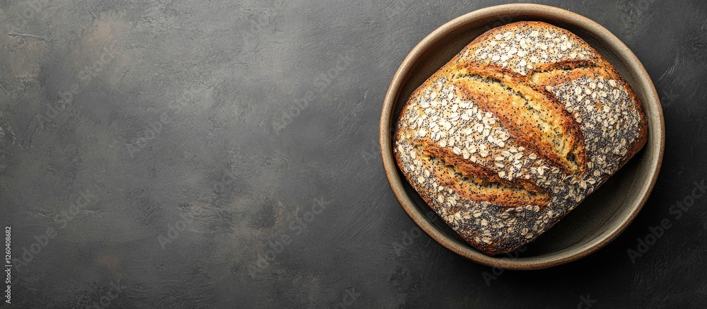 Poster vegan poppy seed bread placed in a rustic bowl with dark background and ample negative space for cus
