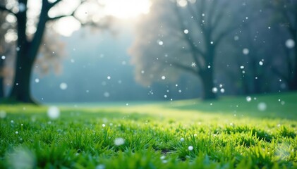 Obraz premium Snowflakes falling on a green grass field with bare trees, snowfall, field