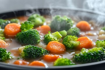 A high-detail capture of broccoli and carrot chunks in a rich vegetable soup, with steam rising and a smooth, white background enhancing the overall warmth of the image.