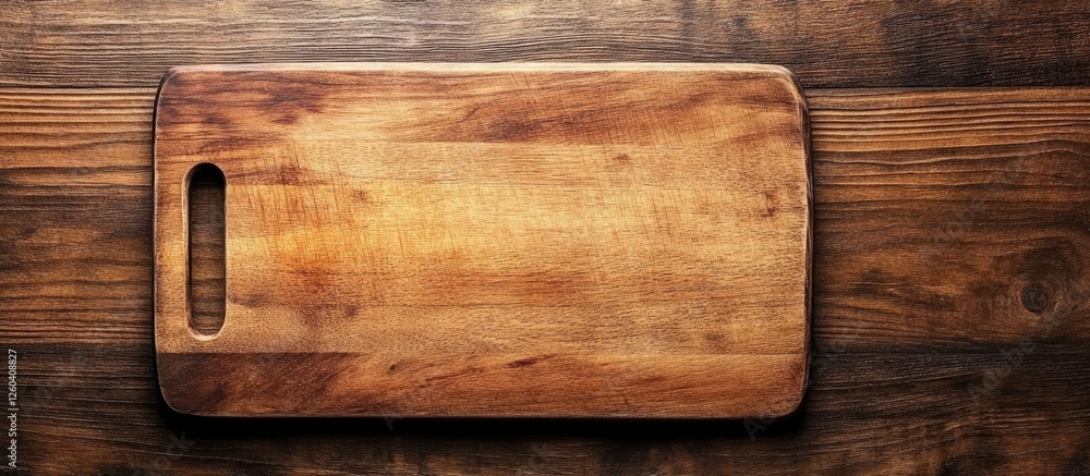 Poster top view of a rustic cutting board on a wooden table ideal for preparing and presenting delicious sl