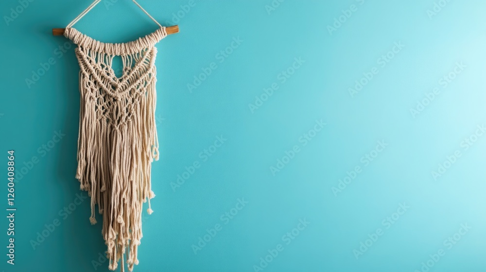 Poster minimalist macrame wall hanging with fringe on turquoise background with copyspace for text use in h
