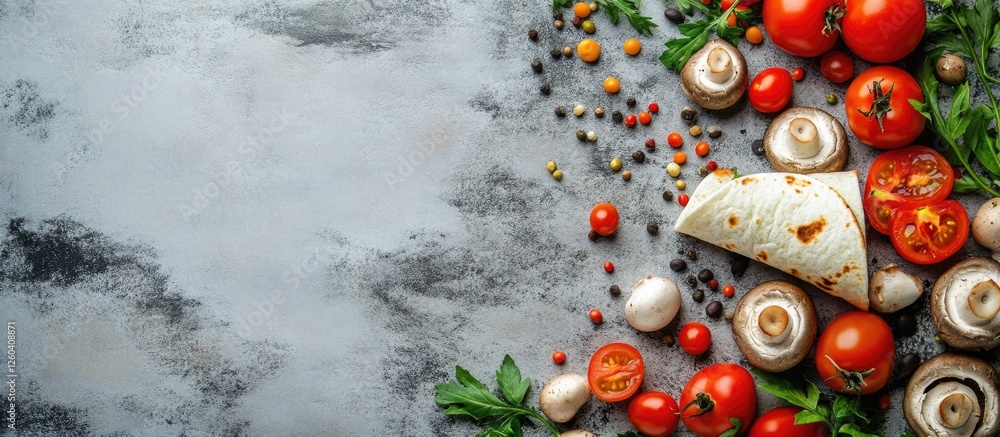 Poster vegetarian wraps with mushrooms beans and tomatoes on a rustic background featuring blank space for 
