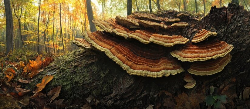 Red belt conk Fomitopsis pinicola growing on decaying wood in a vibrant autumn forest showcasing mushroom details and fall foliage.