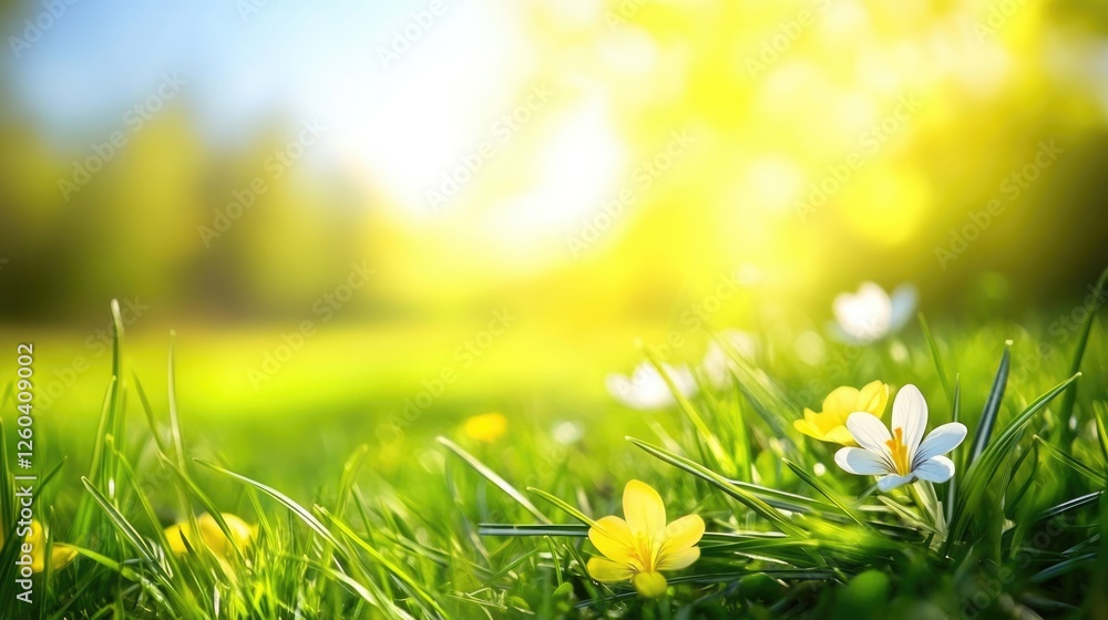 Poster crocus flowers blooming in grassy meadow symbolizing the arrival of spring with vibrant sunlight and