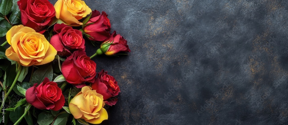 Poster vertical background of red and yellow roses on dark textured surface with blank space for custom cel
