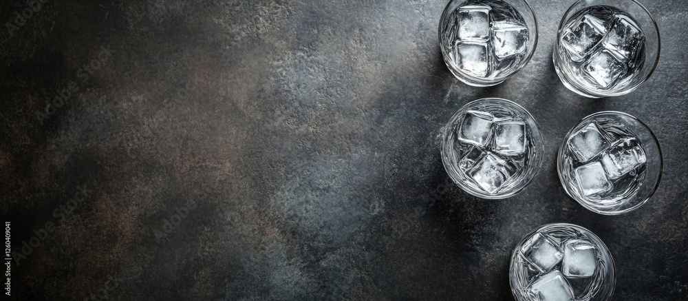 Poster three vodka glasses with ice cubes on a dark stone surface showcasing empty space for creative text 
