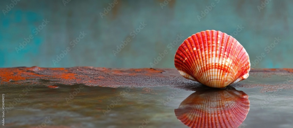 Poster close-up of a vibrant red shell resting on a rusty surface reflecting its colors in calm water with 