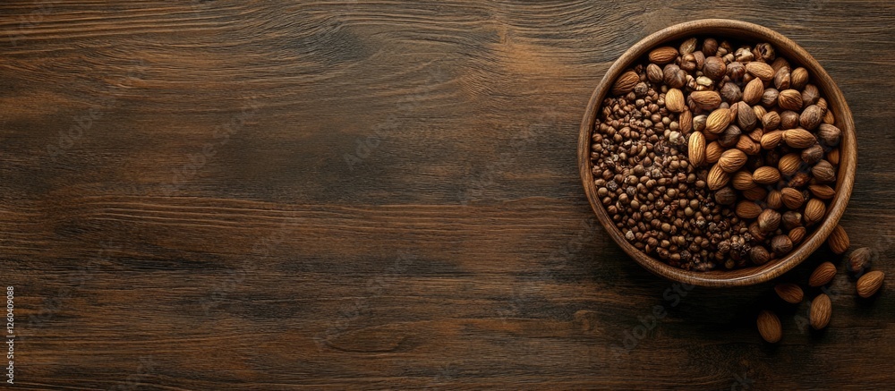 Poster assorted nuts in a wooden bowl on rustic table with ample negative space for text or branding use