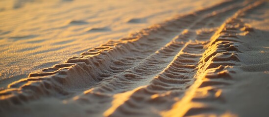 Tire Tracks on a Sandy Beach Dune at Sunset with Clear Space for Text and Racing Concept Visuals