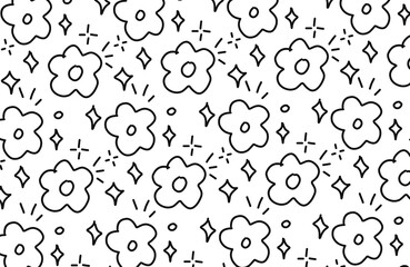 Brush flower vector seamless pattern. Hand drawn botanical ink illustration with floral motif. Chamomile or daisy painted by brush. Hand drawn black print for fabric, wrapping paper