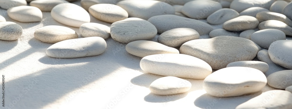 Aufkleber white poster frame casting gentle shadow on smooth stones in sunlight creating a serene space for te